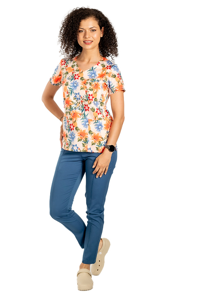 Costume de lucru pentru gradinite Flowers cu bluza imprimata si pantaloni stretch cu snur si elastic