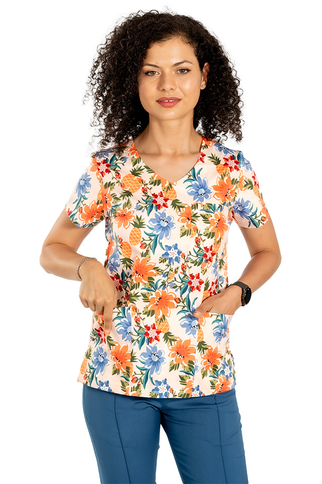 Costume de lucru pentru gradinite Flowers cu bluza imprimata si pantaloni stretch cu snur si elastic