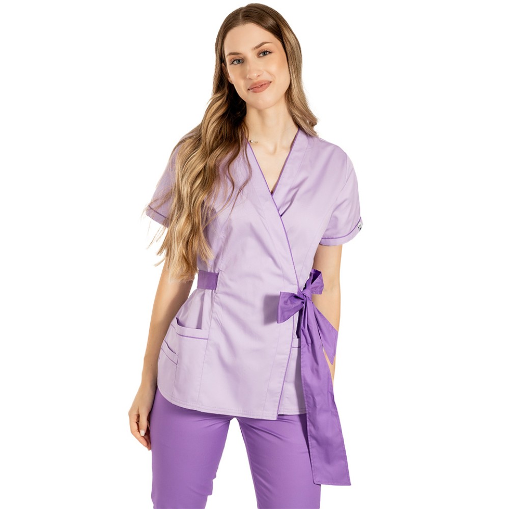 Halat de lucru pentru SPA model kimono lila cu paspol mov si cordon cu legare tip fundita