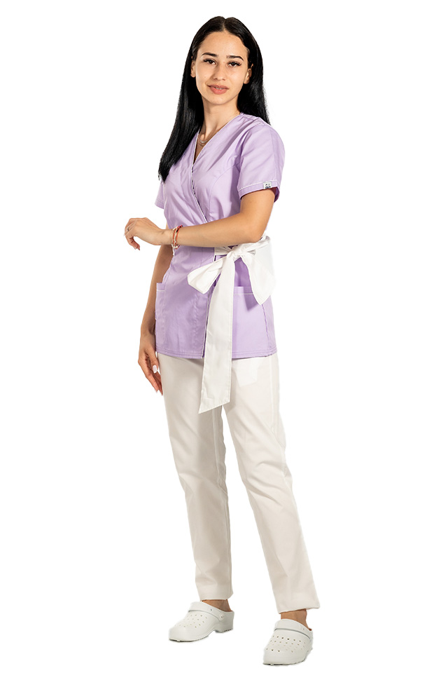 Halat de lucru pentru SPA model kimono,lila cu paspol alb si cordon cu legare tip fundita