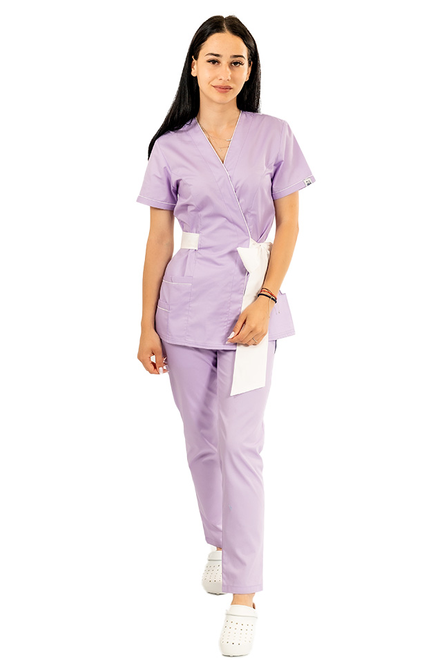 Halat de lucru pentru SPA model kimono,lila cu paspol alb si cordon cu legare tip fundita