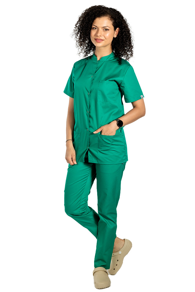 Tunica bucatar dama, verde, cu maneca scurta, inchidere cu capse simpla