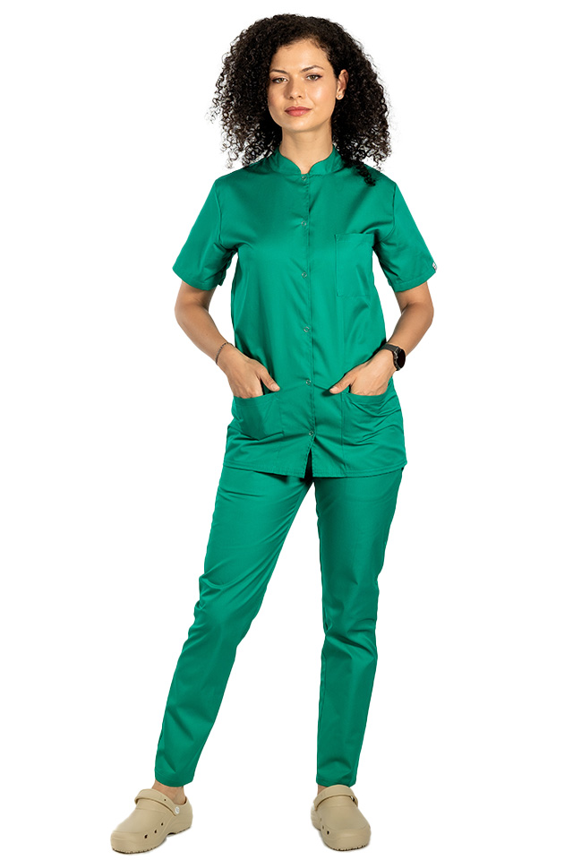 Tunica bucatar dama, verde, cu maneca scurta, inchidere cu capse simpla