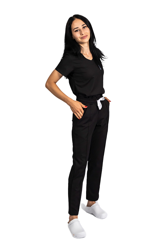 Costum de lucru cu elastan dama negru cu bluza in V si pantaloni cu snur si elastic