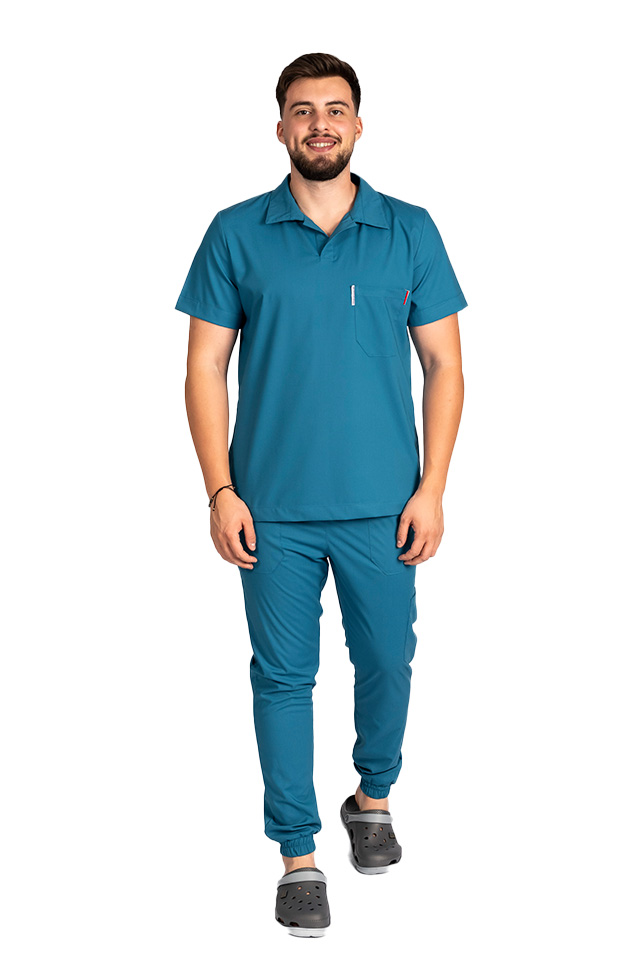 Costum de lucru cu elastan polo barbati aqua, cu bluza in V si pantaloni tip jogger, cu snur si elastic
