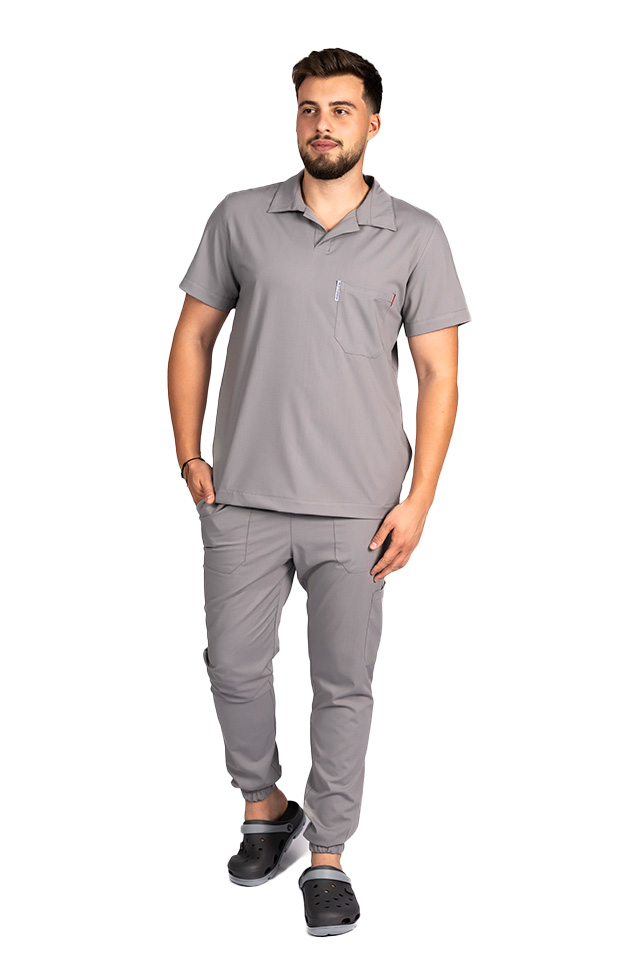 Costum de lucru cu elastan polo barbati gri, cu bluza in V si pantaloni tip jogger, cu snur si elastic