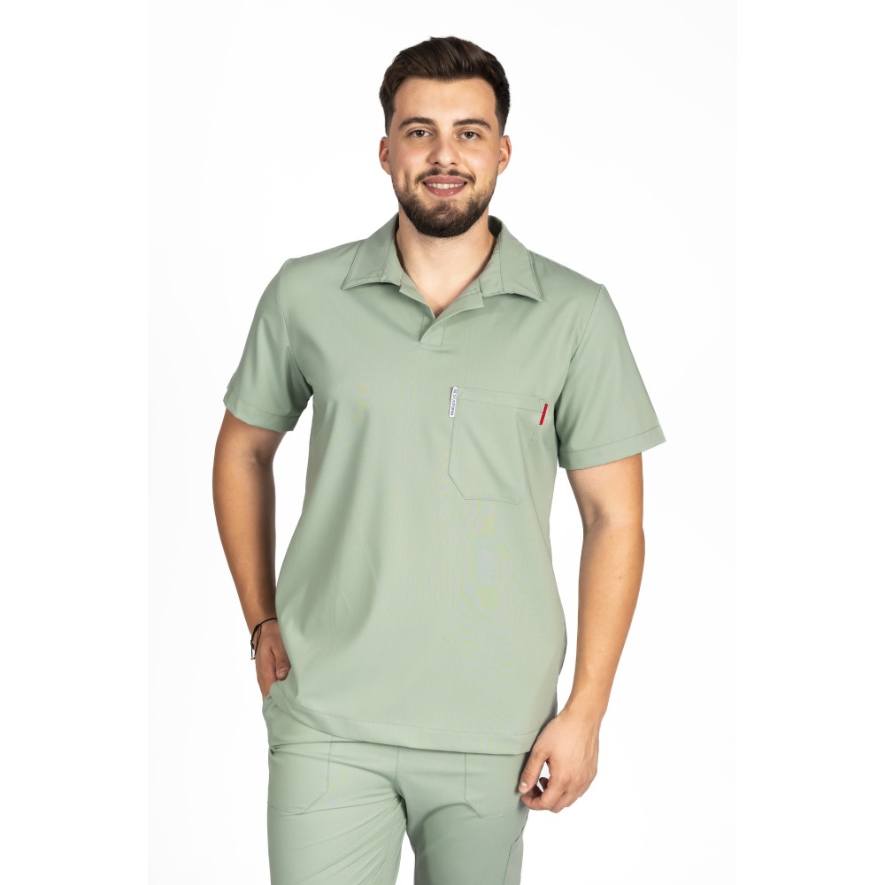 Costum de lucru cu elastan polo barbati olive, cu bluza in V si pantaloni tip jogger, cu snur si elastic