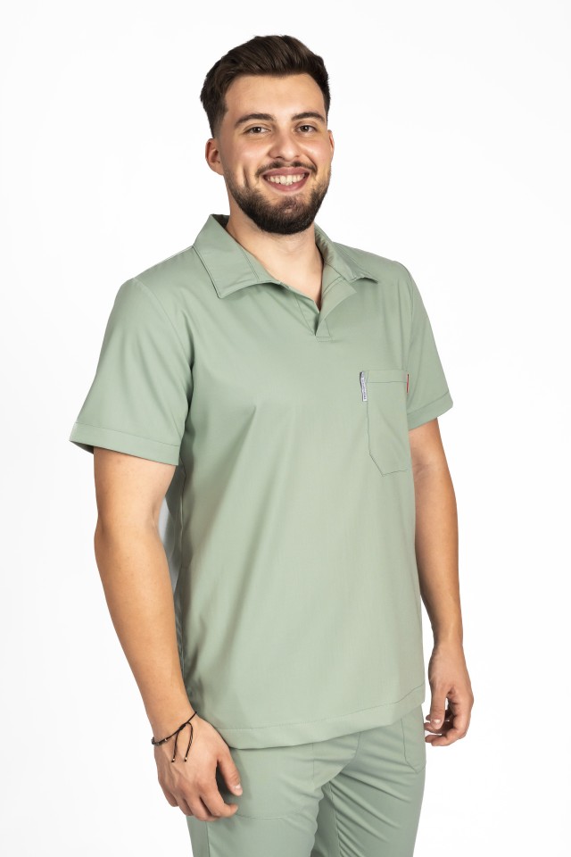 Costum de lucru cu elastan polo barbati olive, cu bluza in V si pantaloni tip jogger, cu snur si elastic