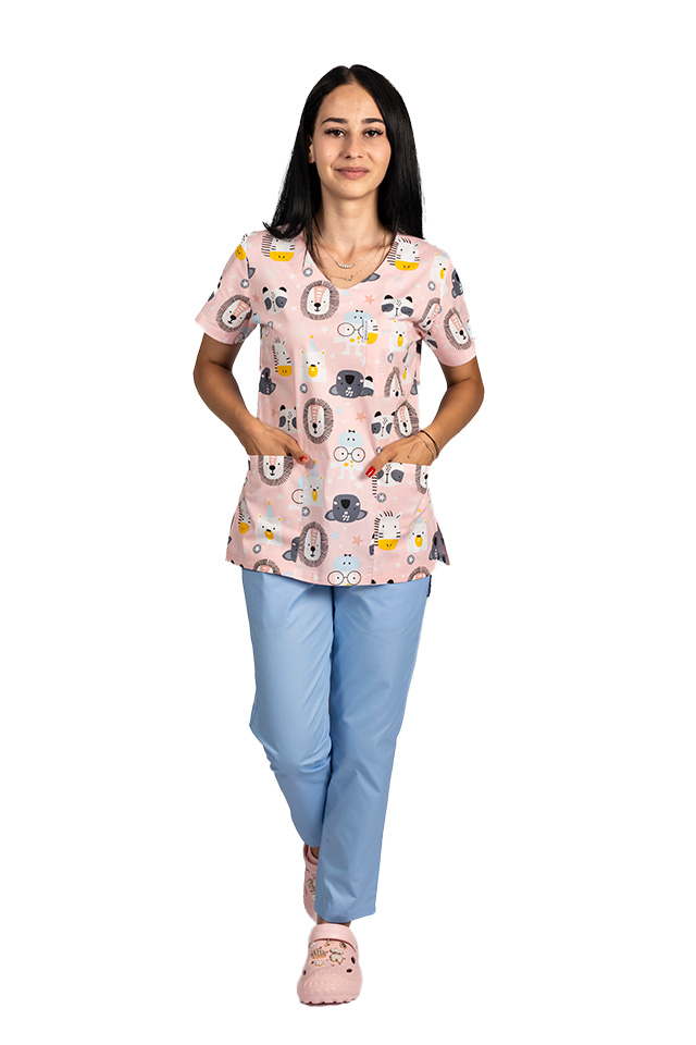 Costume de lucru pentru gradinite Lion cu bluza imprimata si pantaloni stretch cu snur si elastic