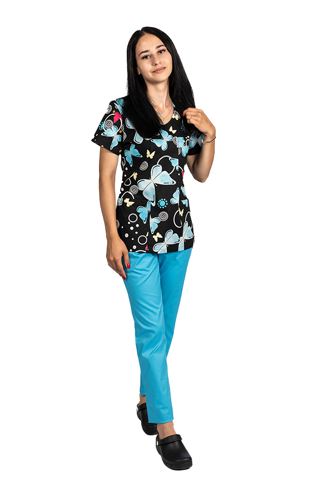 Costume de lucru pentru gradinite Blackbutterfly cu bluza imprimata si pantaloni stretch cu snur si elastic