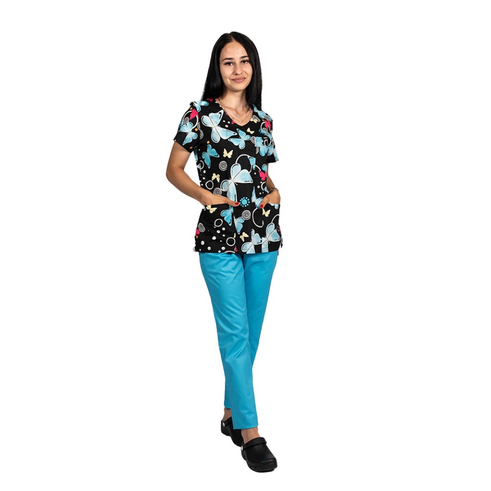 Costume de lucru pentru gradinite Blackbutterfly cu bluza imprimata si pantaloni stretch cu snur si elastic