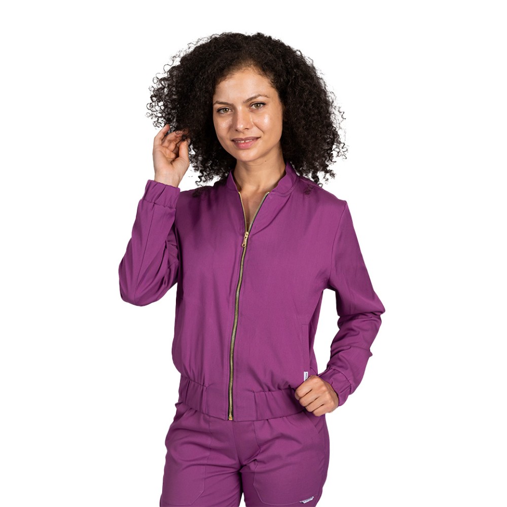 Jacheta profesionala magenta din material elastic cu doua buzunare aplicate si fermoar