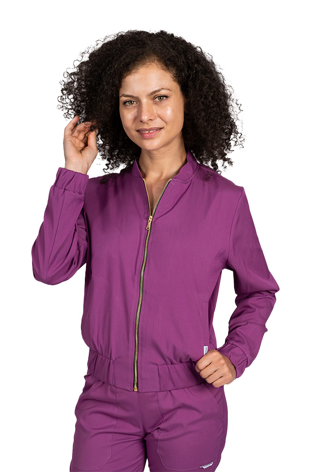 Jacheta profesionala magenta din material elastic cu doua buzunare aplicate si fermoar