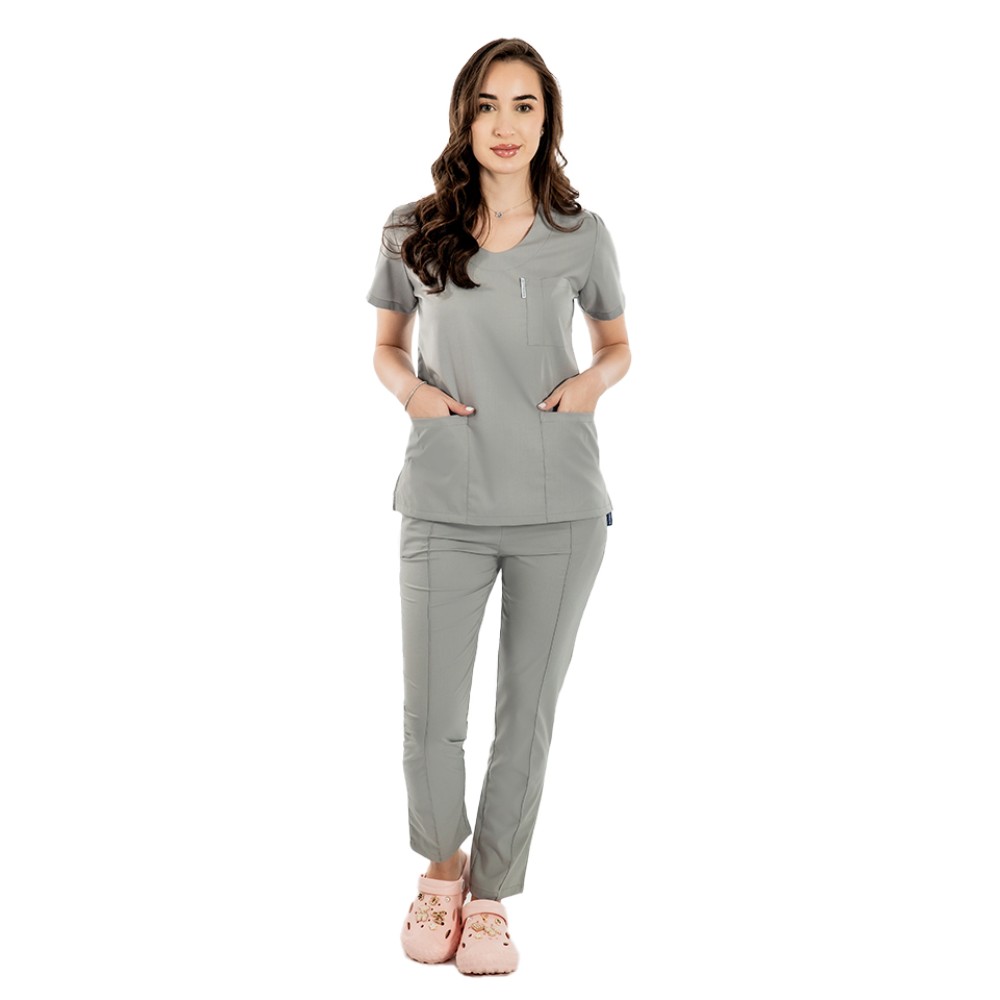 Tricou cu elastan de dama,cambrat, gri, model in U