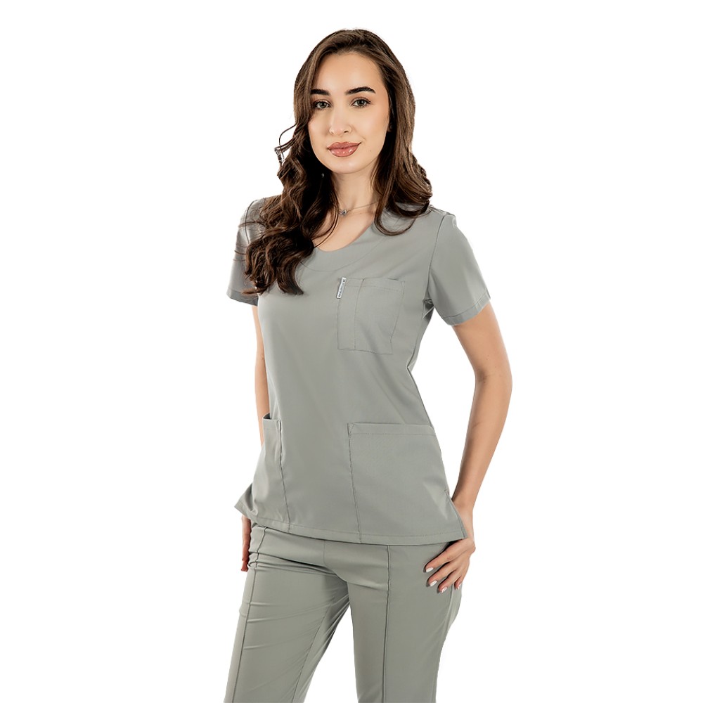 Tricou cu elastan de dama,cambrat, gri, model in U