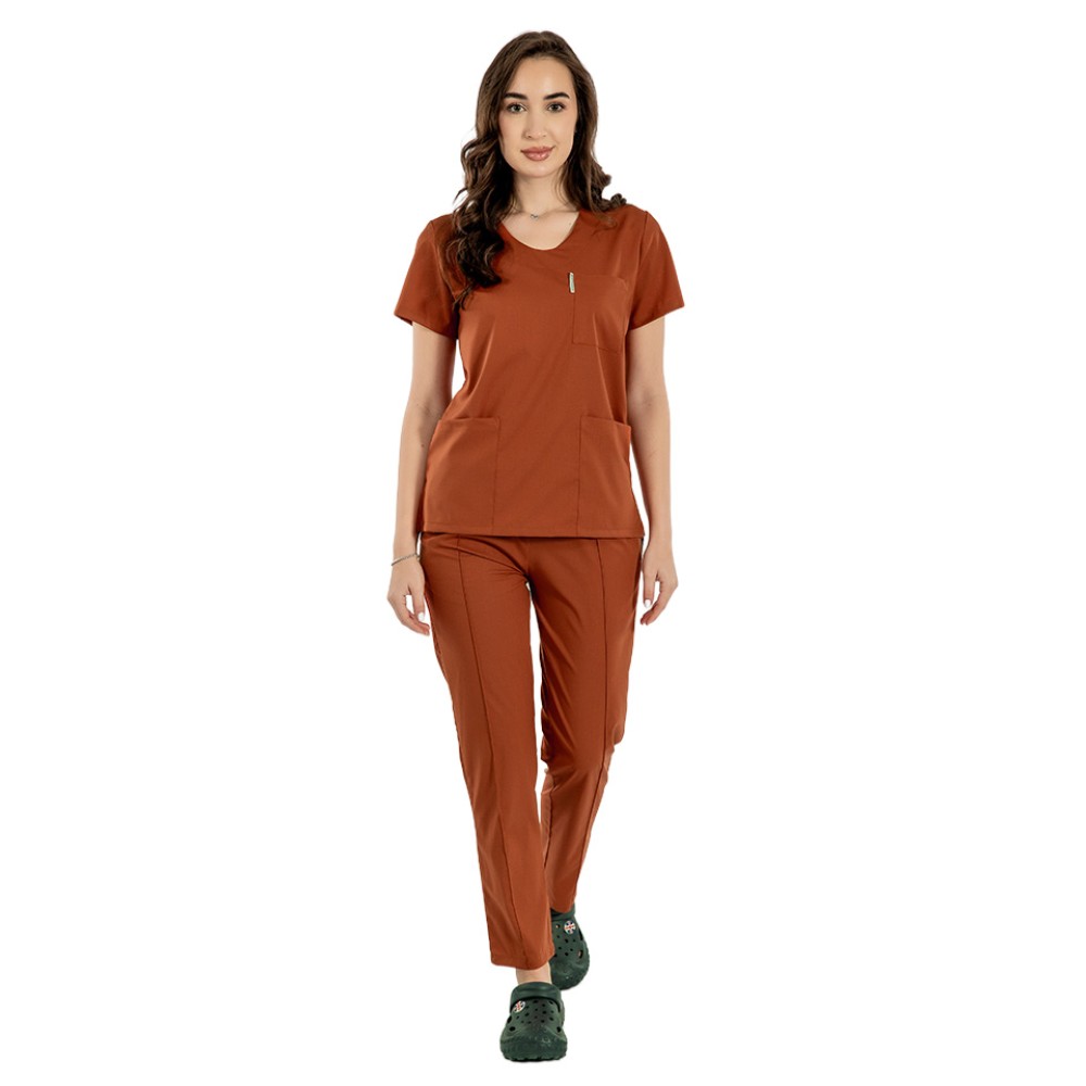 Tricou cu elastan de dama,cambrat, caramel, model in U