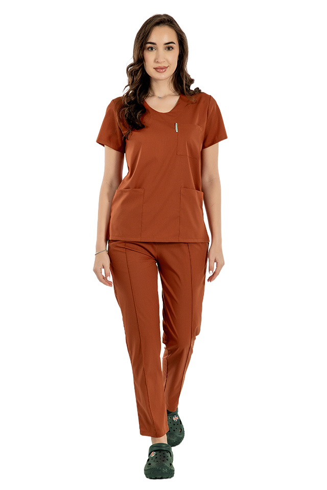 Tricou cu elastan de dama,cambrat, caramel, model in U