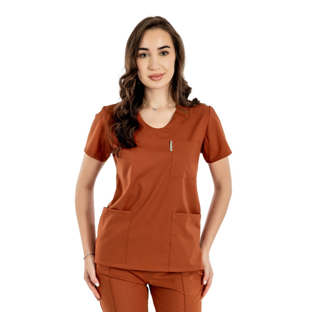 Tricou cu elastan de dama,cambrat, caramel, model in U