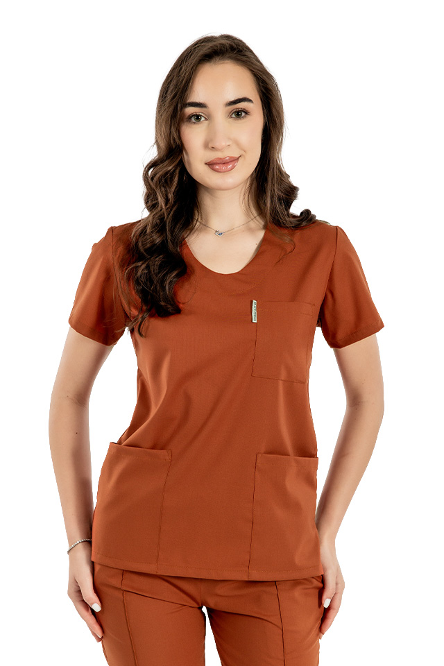 Tricou cu elastan de dama,cambrat, caramel, model in U