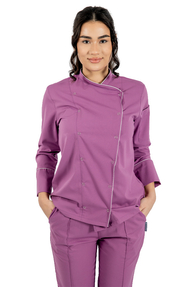 Tunica bucatar dama, magenta, cu maneca lunga, inchidere cu capse Tunica bucatar dama, magenta, cu maneca lunga, inchidere cu capse