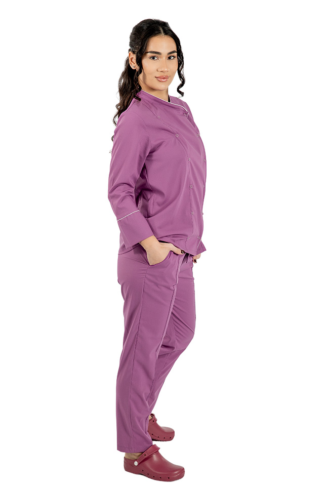 Tunica bucatar dama, magenta, cu maneca lunga, inchidere cu capse