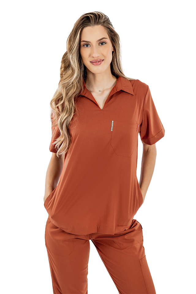 Tricou cu elastan polo dama caramel, model in V