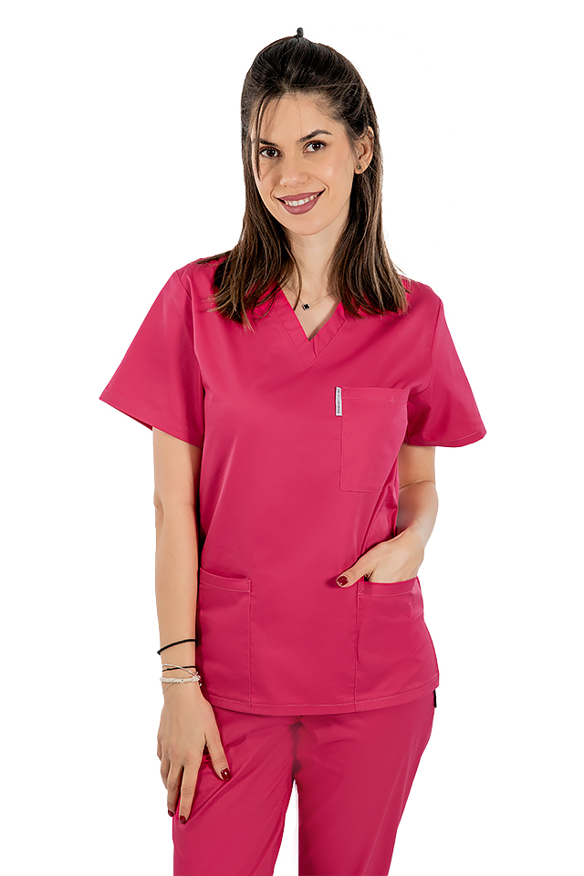 Halat de lucru ciclam dama cu anchior in forma V cu trei buzunare aplicate