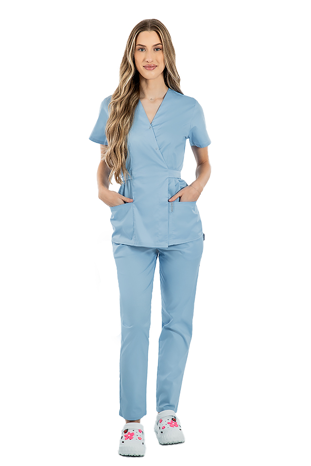 Costum receptionera bleu cu bluza tip kimono si pantaloni bleu cu elastic