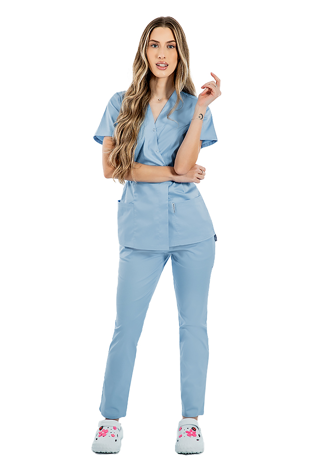Costum receptionera bleu cu bluza tip kimono si pantaloni bleu cu elastic