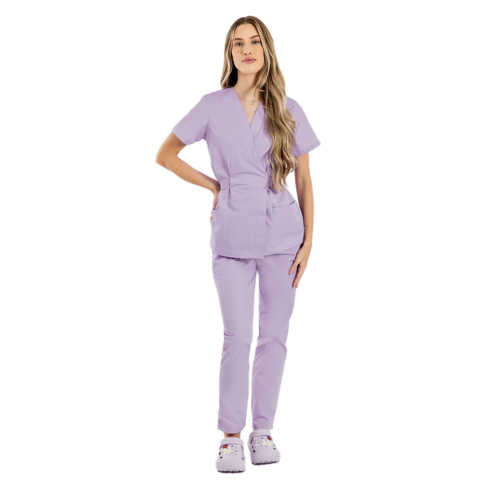 Costum receptionera lila, cu bluza tip kimono si pantaloni cu elastic