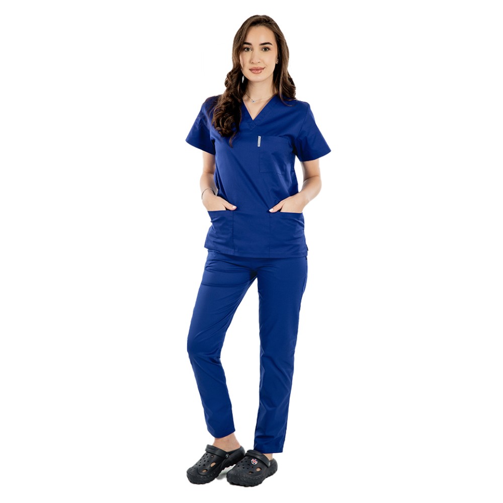 Uniforma de lucru dama albastru, bluza cu anchior in V, trei buzunare si pantaloni cu elastic