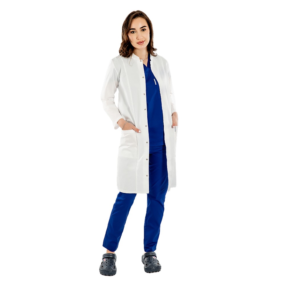 Halat pentru laborator alb, unisex, cu guler tip tunica si trei buzunare si maneca lunga