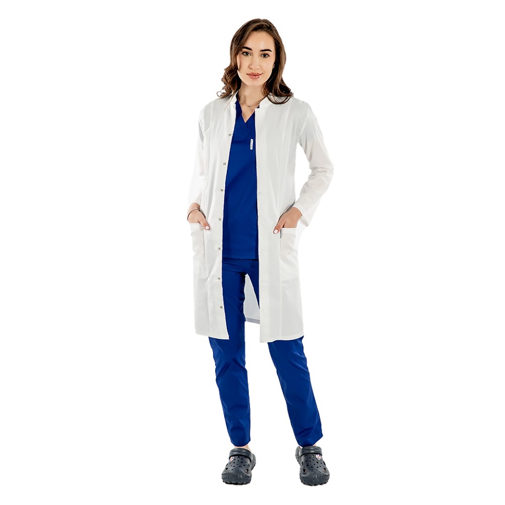 Halat pentru laborator alb, unisex, cu guler tip tunica si trei buzunare si maneca lunga