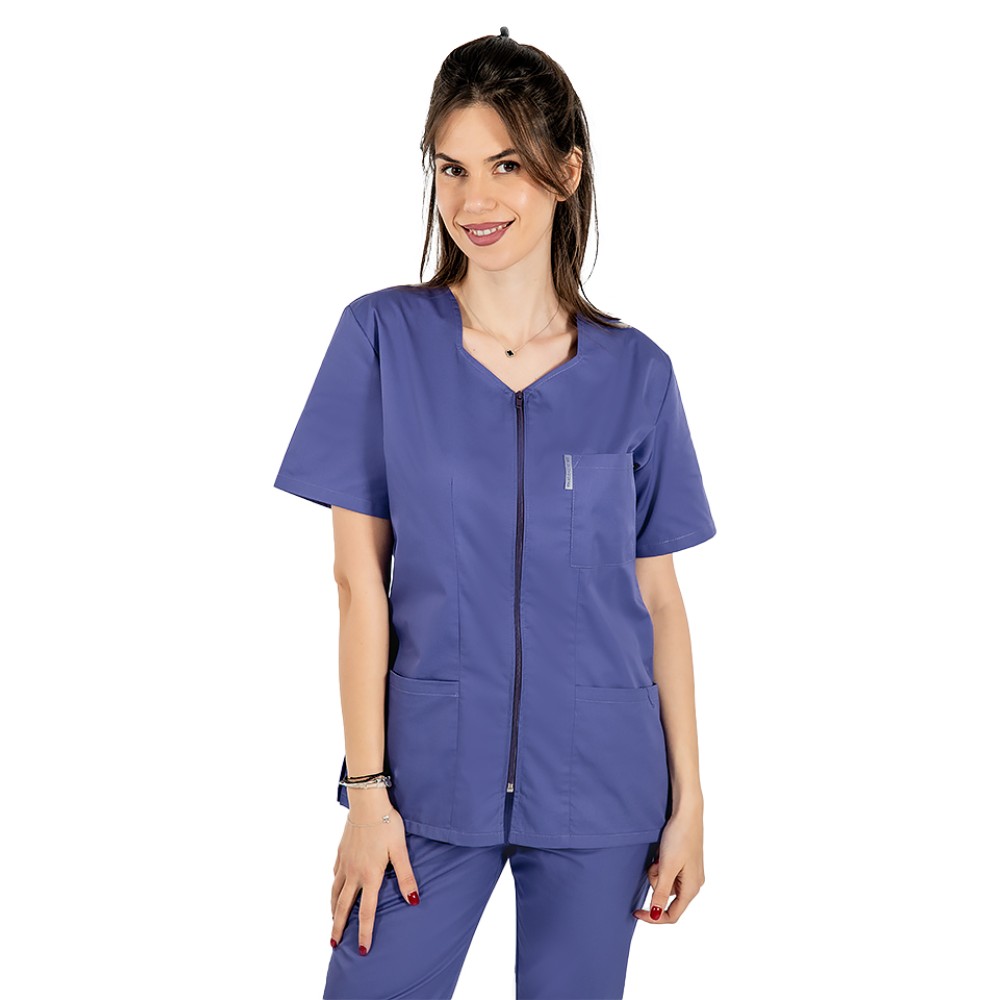 Halat de lucru pentru curatenie mov cu fermoar cambrata cu doua buzunare aplicate