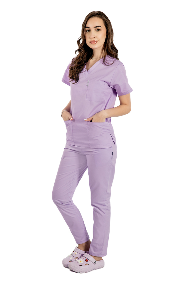 Halat de lucru lila dama cu anchior in forma V cu trei buzunare aplicate