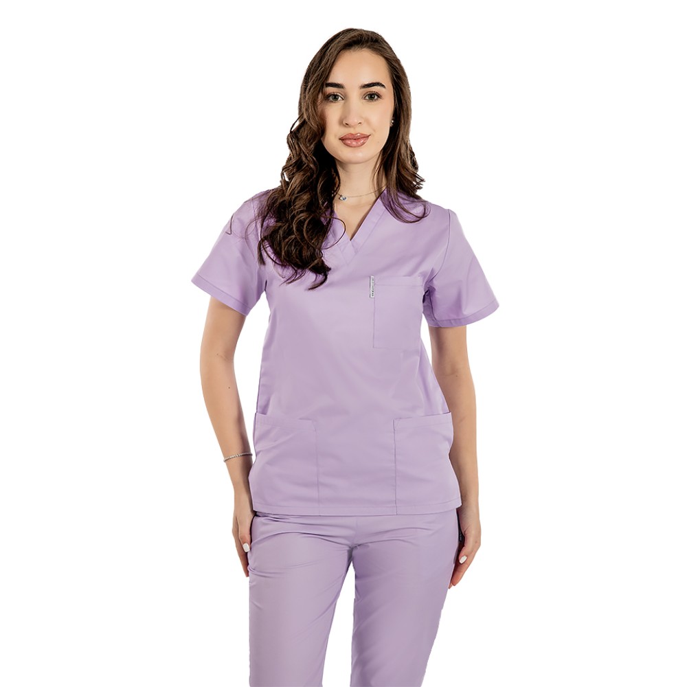 Halat de lucru lila dama cu anchior in forma V cu trei buzunare aplicate