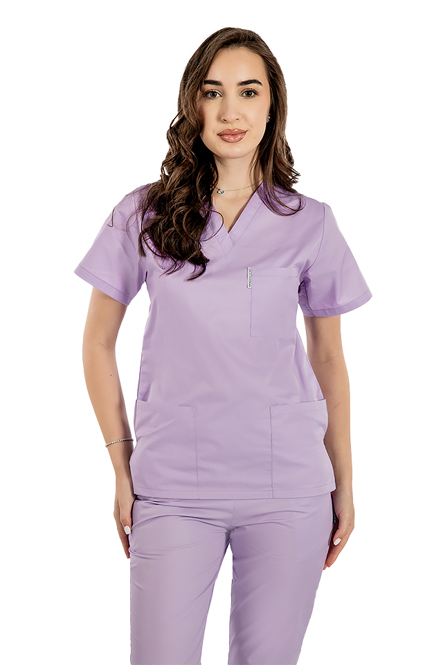 Halat de lucru lila dama cu anchior in forma V cu trei buzunare aplicate