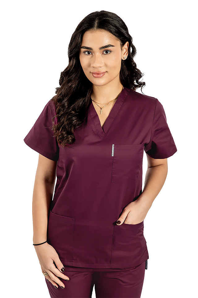 Halat de lucru visina dama cu anchior in V si trei buzunare aplicate