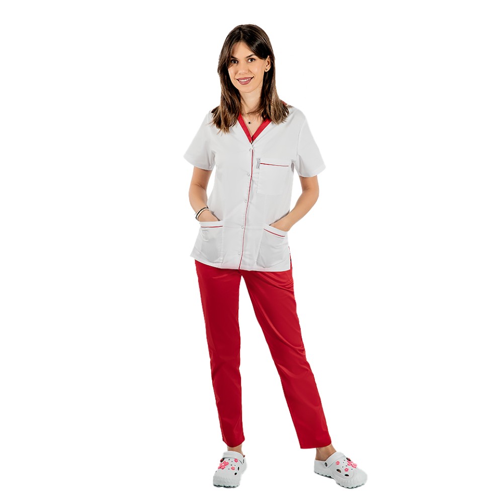 Costum de lucru pentru SPA format din bluza alb cu paspol rosu si pantaloni lime cu elastic