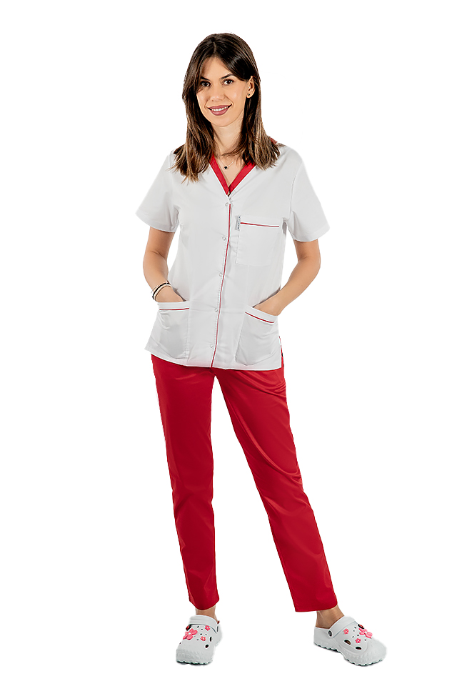 Costum de lucru pentru SPA format din bluza alb cu paspol rosu si pantaloni lime cu elastic