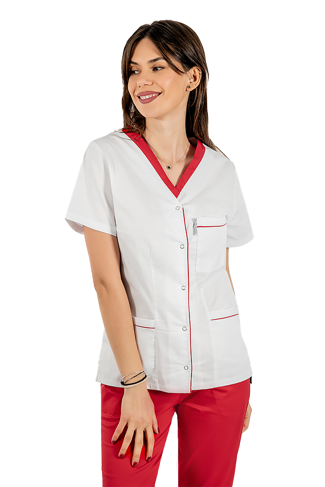 Halat de lucru alb cu paspol rosu, capse si trei buzunare aplicate