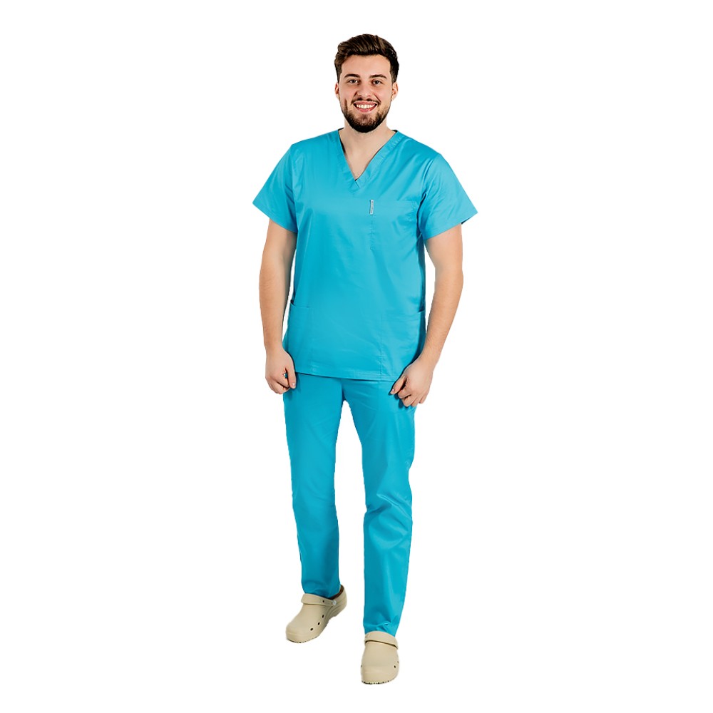 Uniforma de lucru barbati turcoaz cu pantaloni cu snur si elastic in talie