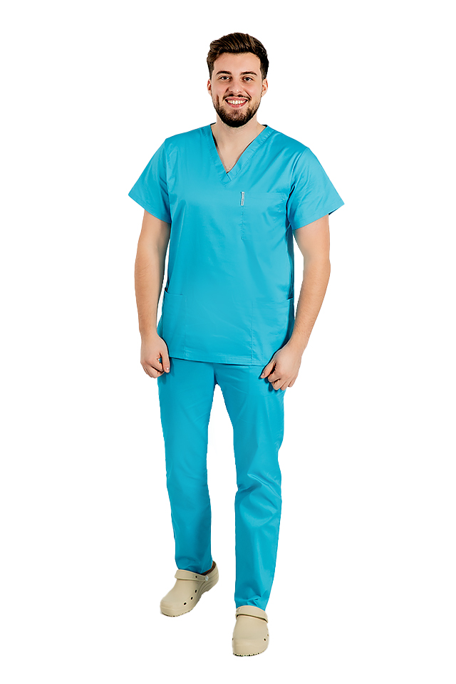 Halat de lucru turcoaz  barbati cu anchior in forma V cu trei buzunare aplicate