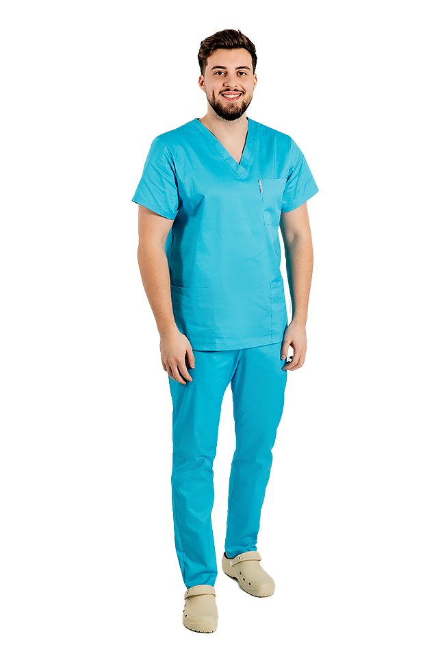 Halat de lucru turcoaz  barbati cu anchior in forma V cu trei buzunare aplicate