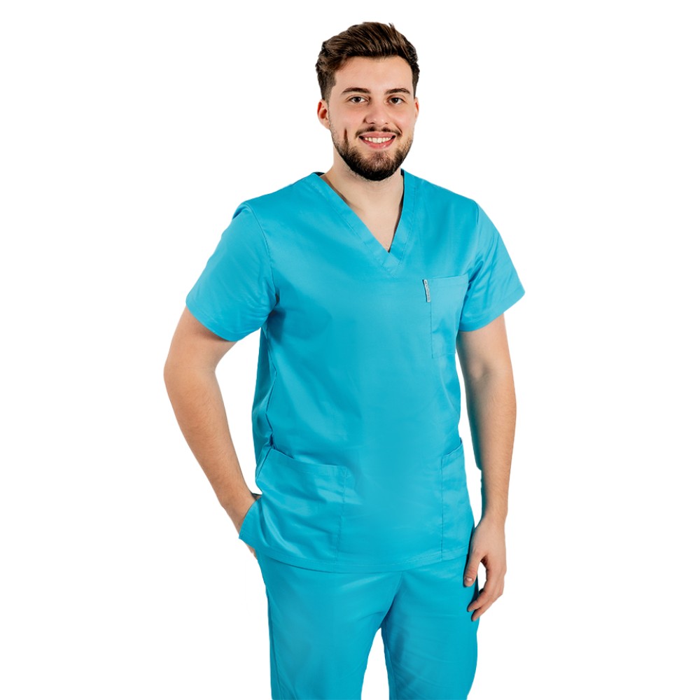 Halat de lucru turcoaz  barbati cu anchior in forma V cu trei buzunare aplicate