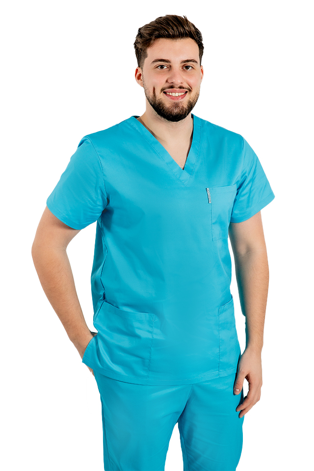 Halat de lucru turcoaz  barbati cu anchior in forma V cu trei buzunare aplicate