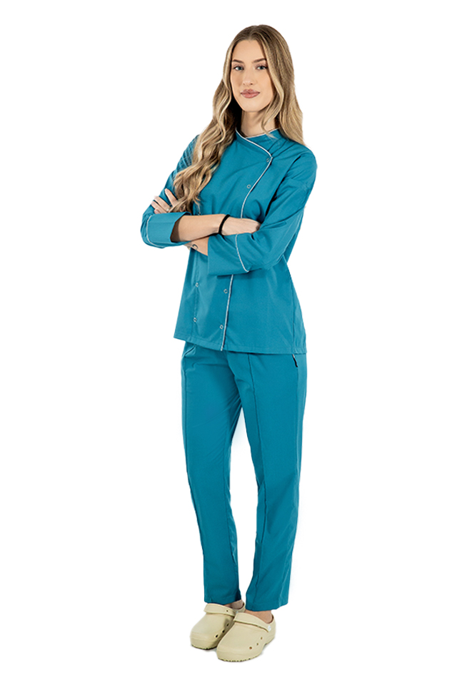 Uniforma bucatar dama aqua stretch tip tunica cu capse si pantaloni cu snur si elastic in talie