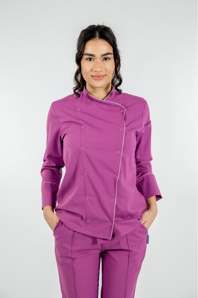 Tunica bucatar dama, magenta, cu maneca lunga, inchidere cu capse