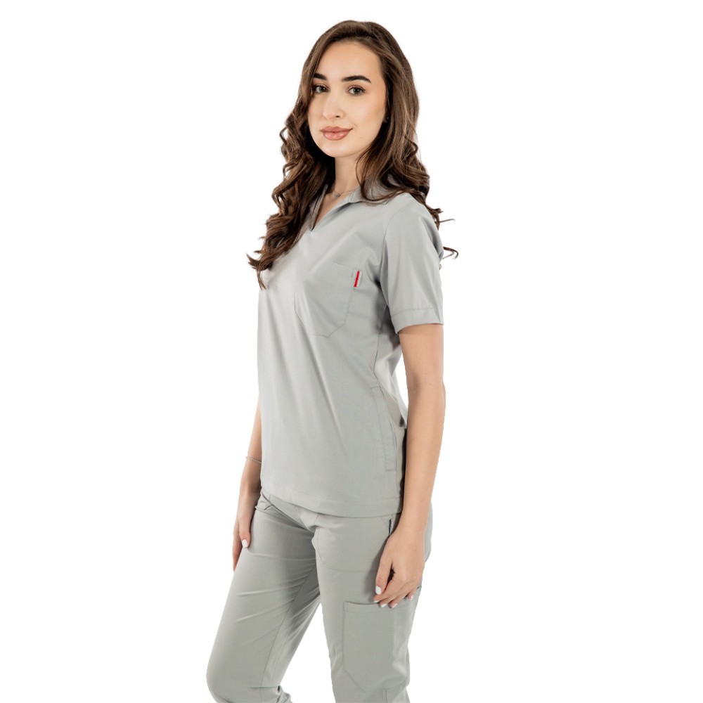 Tricou cu elastan polo dama gri, model in V