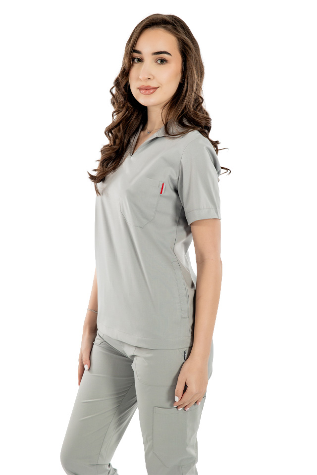 Tricou cu elastan polo dama gri, model in V
